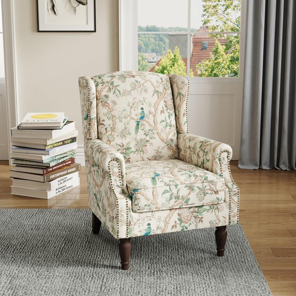 Uixe Retro Bird Pattern Linen Nailhead Trim Upholstered High