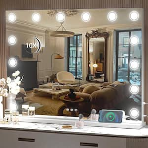 24 in. W x 32 in. H Rectangle White Frame LED Makeup Mirror, LED Mirror with 14 Dimmable LED Lights, 10X Magnification