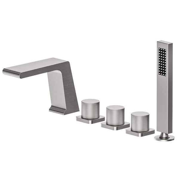 YAWWALK 3-Handles Deck-Mount Roman Tub Faucet with Hand