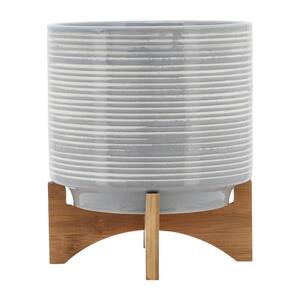 9.75 in. Grey Ceramic Round Outdoor Planters on Natural Wood Stand