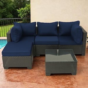 5-Piece Dark Brown Hand-Woven PE Wicker Outdoor Patio Sectional Sofa Set with Navy Blue Cushions