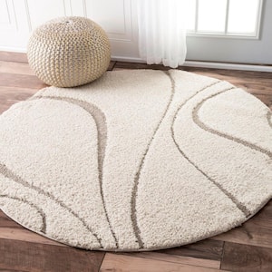 Carolyn Contemporary Curves Shag Cream Doormat 3 ft. x 5 ft. Oval Rug