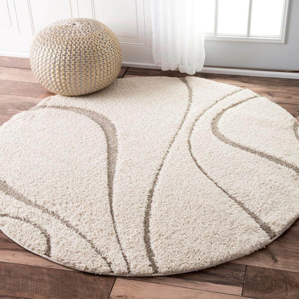Cream and Beige Abstract Round Shag Rug, 4'0"