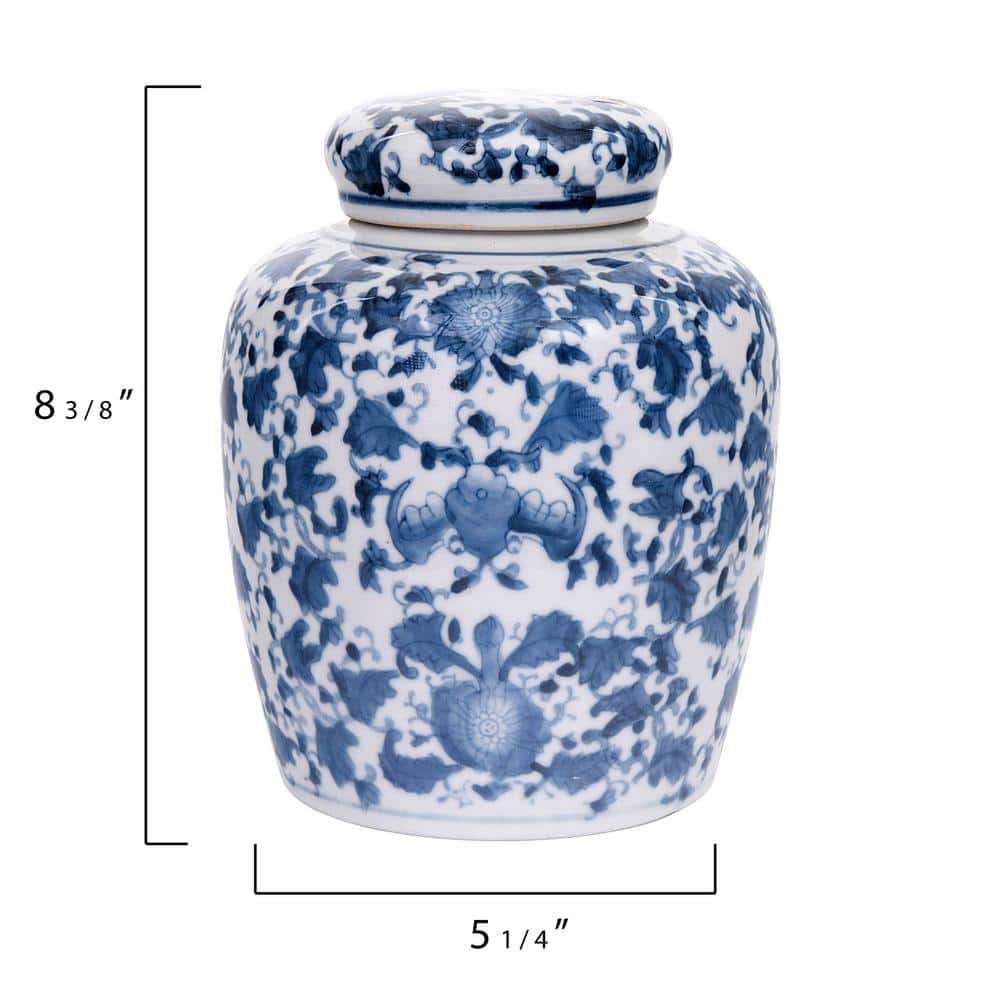 Blue and White Floral Ceramic Ginger Jar with Lid