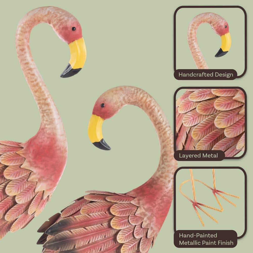 31 in. Hand-Painted Pink Metal Flamingo Garden Statues