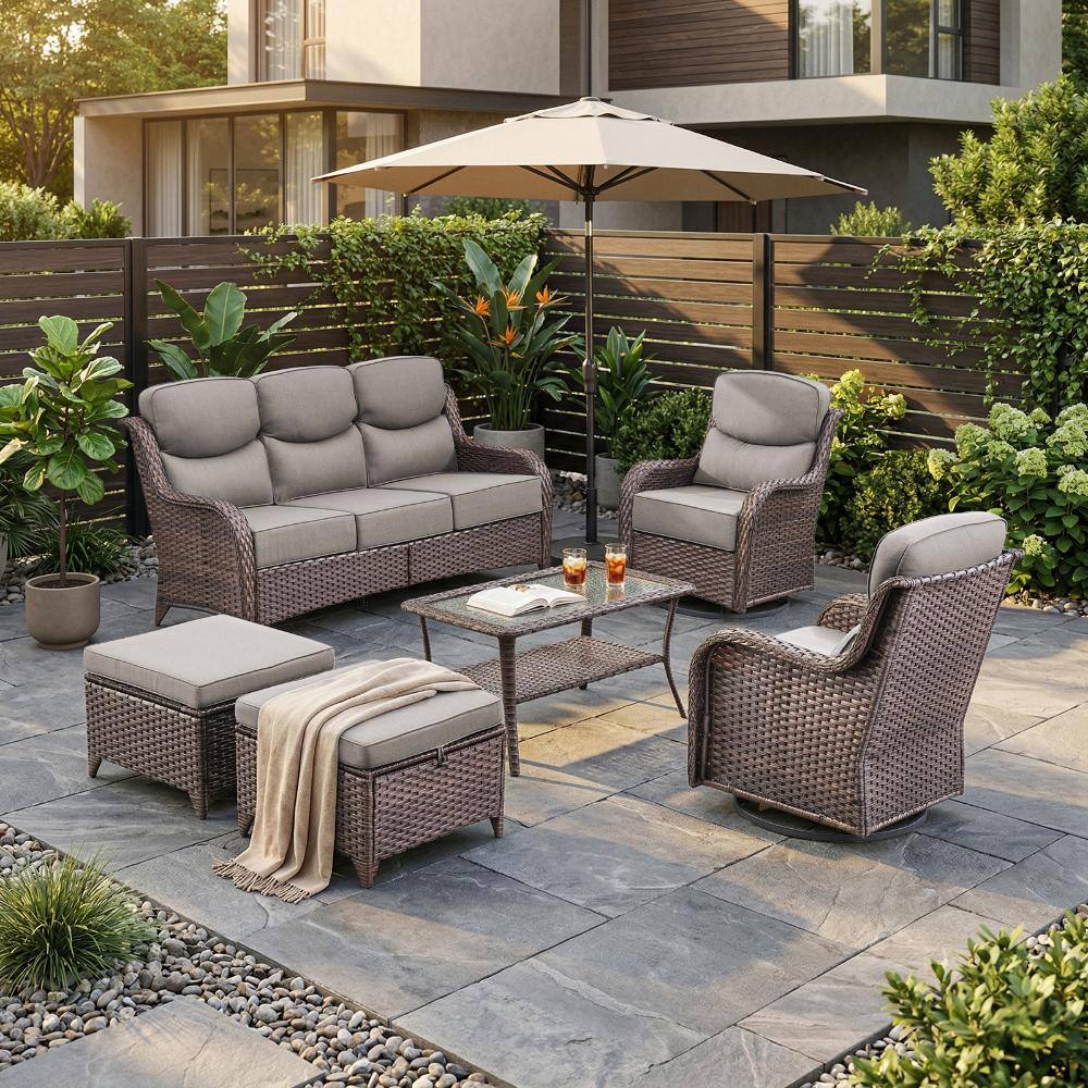 Novaswivel Brown 6-Piece Wicker Patio Conversation Set with 6 in. Olefin Gray Cushions, 2 Swivel Chairs & Coffee Table price history on PriceWatchPro