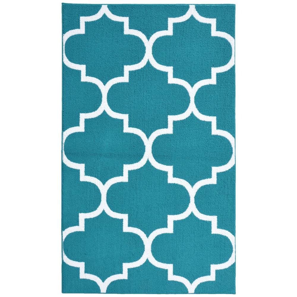 Garland Rug Large Quatrefoil Teal White, Teal And White Area Rug