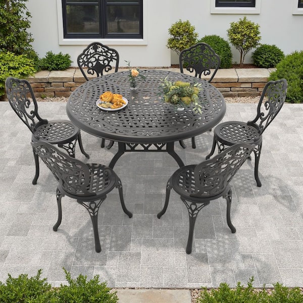 Orchid Black 7-Piece of Cast Aluminum Outdoor Patio Dining Set with 48.03 in. Round Table and Armless Chairs