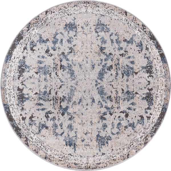 Unique Loom Portland Albany Beige/Navy Blue 3 ft. 3 in. x 3 ft. 3 in. Round Area Rug