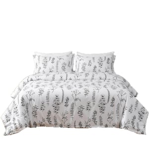 White Botanical Queen Microfiber Duvet Cover Set