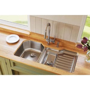 Lustertone Undermount Stainless Steel 42 in. Double Bowl Kitchen Sink with Right Drain Board