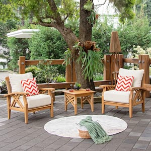 Carmel 3-Piece Teak Wood Patio Conversation Set with Tan Cushion