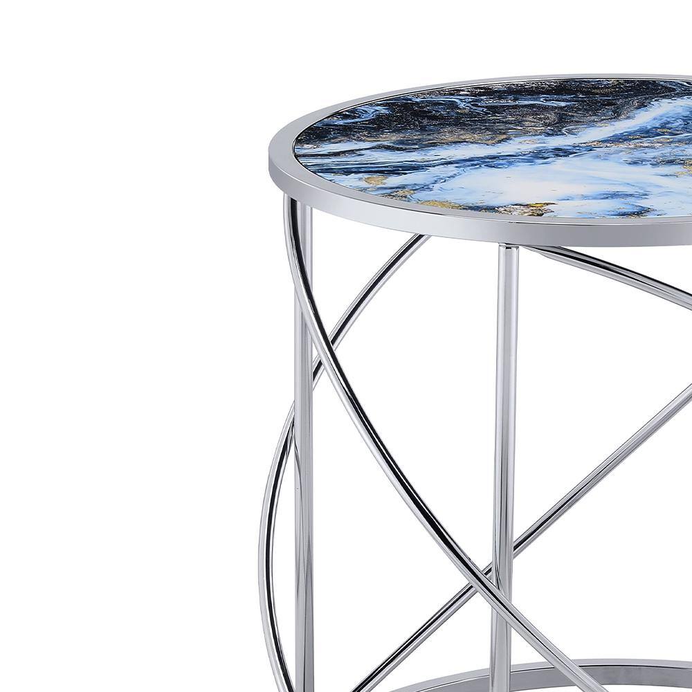 Lyda Round Blue Marble Print and Chrome End Table