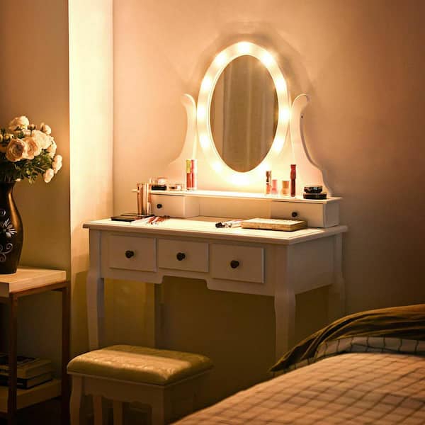 Gymax 5 Drawers Bedroom Vanity Makeup, Lighted Mirror Vanity Bedroom