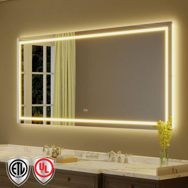 88 in. W x 38 in. H Rectangular Frameless Anti-Fog LED Light Wall Bathroom Vanity Mirror with Backlit and Front Light