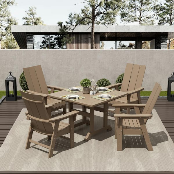 Shoreside Outdoor Patio Fade Resistant HDPE Plastic Adirondack Style Dining Chair with Arms in Weathered Wood