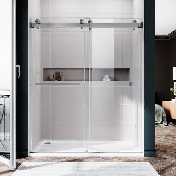 UKD01 50 to 55 in. W. x 76 in. H Double Sliding Frameless Shower Door in Space Gray, Enduro Shield 3/8 in. Clear Glass