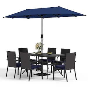 Black 8-Piece Metal Patio Outdoor Dining Set with Umbrella and Rattan Chair with Blue Cushion