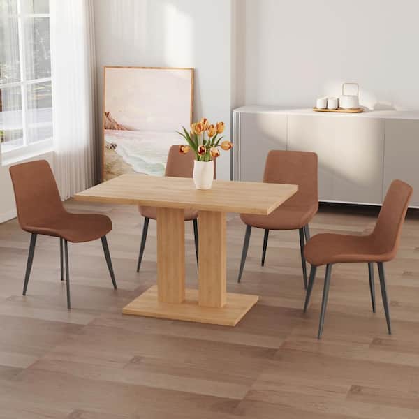 GOJANE 5-Piece Rectangle OAK MDF Table Top Dining Room Set Seating 4 with Brown Chairs