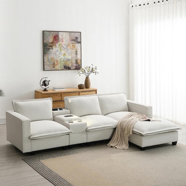109 in. W Chenille Modular Sectional Sofa in. Beige with Console, Cup Holders, USB Ports, Reading Light