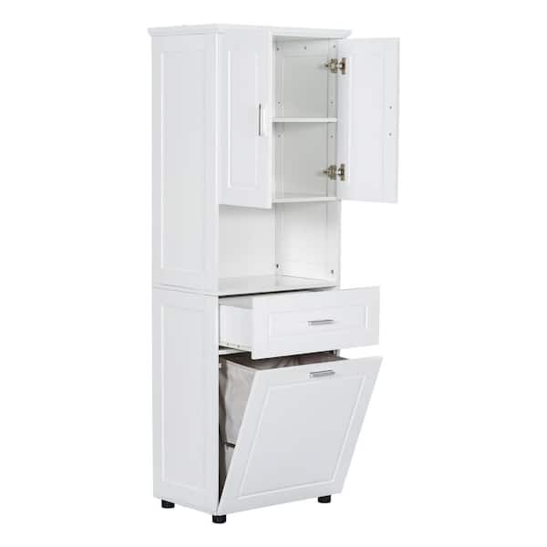 25 in. W x 16 in. D x 70 in. H White Linen Cabinet Large Storage Space Tilt-Out Laundry Hamper and Upper Storage Cabinet