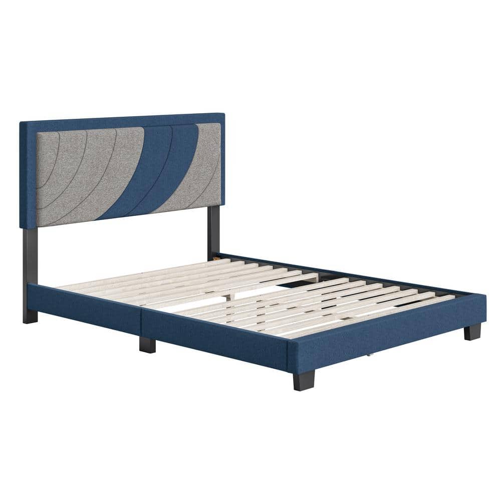 King Blue and Gray Linen Upholstered Platform Bed with Tufted Headboard