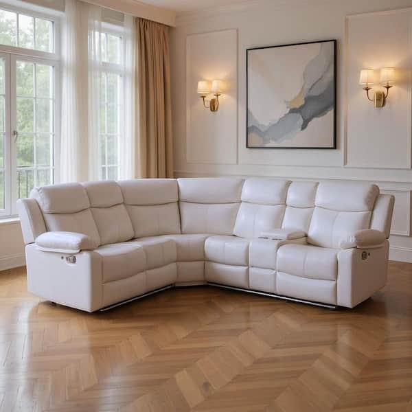 105.00 in. Pillow Top Arm 6 piece Faux Leather Curved Sectional Sofa in White