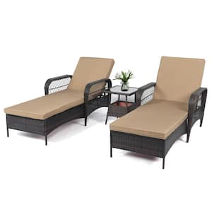 2-Wicker Outdoor Patio Rattan Chaise Lounge with 6 Positions Adjustable Backrest Armrests Padded Table Khaki Cushions