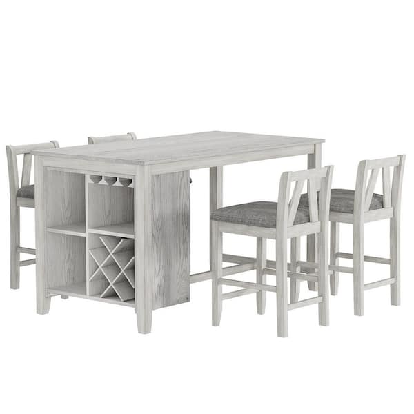 5-Piece Wood Top Dining Table Set with Wine Rack, Glass Holder and 4 Upholstered Bar Stools Gray Kitchen Table Set