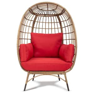 Outdoo Patio Yellow Wicker Egg Lounge Chair with Red Cushions