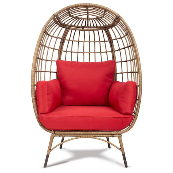 Esunny Outdoor Patio Yellow Wicker Egg Lounge Chair with Red Cushions
