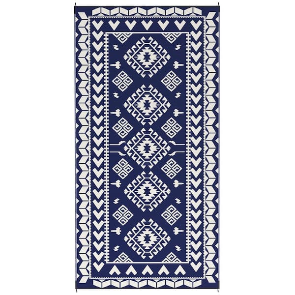 Blue White 9x18 ft. Rhombus Patchwork Polypropylene Reversible Outdoor Area Rug