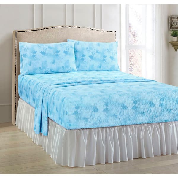 Unbranded Watercolor 4-Piece Blue Microfiber King Sheet Set