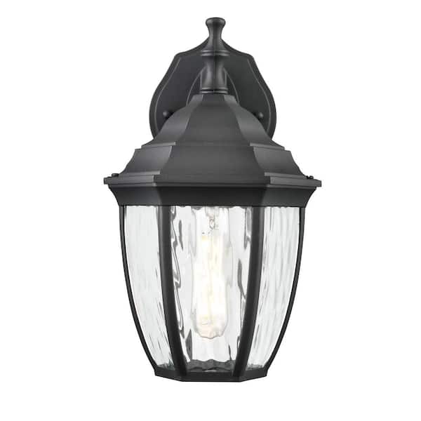 10.8 in. 1-Light Textured Black Outdoor Hardwired Lantern Wall Sconce with Water Glass