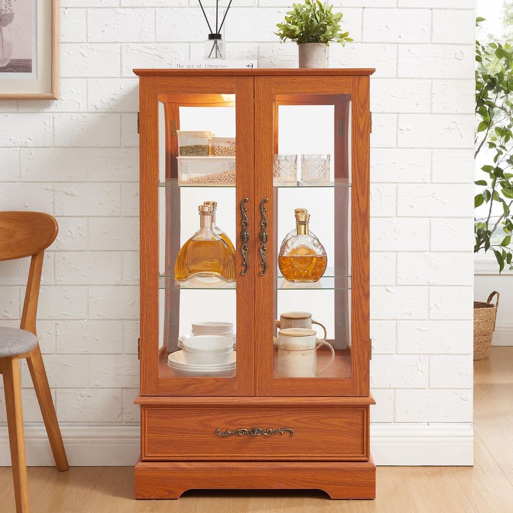 Dark Oak 47.44 in. H Glass Cabinet Lighted Glass Cabinet with Bulb