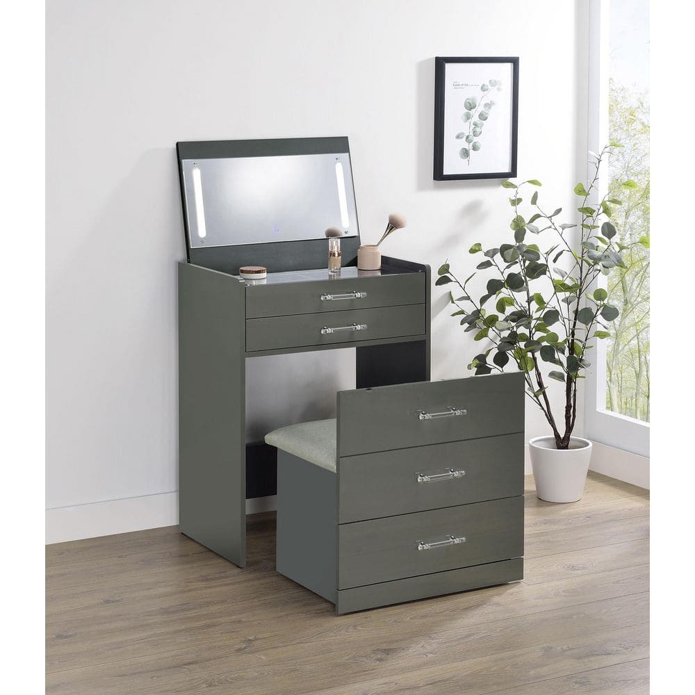 Coaster Danbury Gray High Gloss Makeup Vanity Set with Flip-Top
