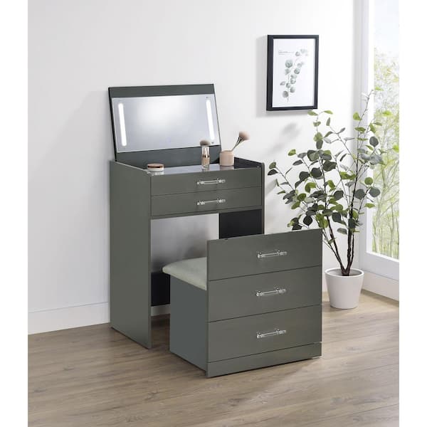 Coaster Danbury Gray High Gloss Makeup Vanity Set with Flip-Top Mirror, LED Lighting, Dual USB Outlet