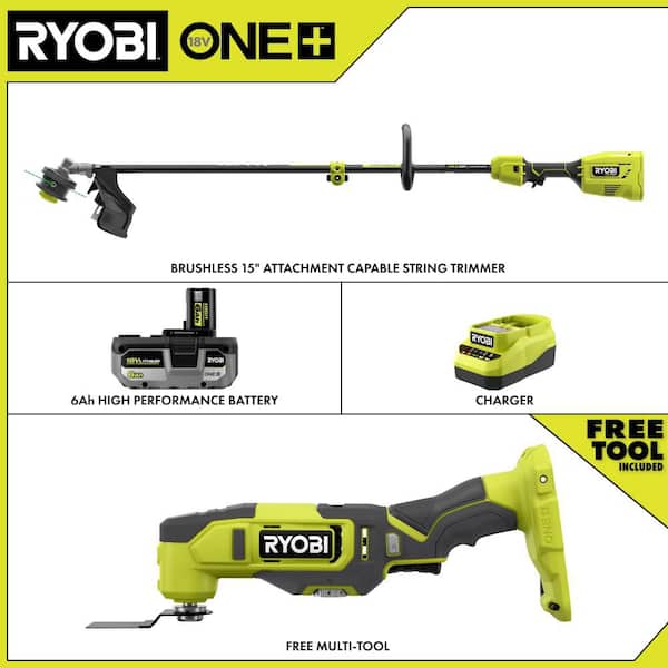 ONE+ 18V Brushless 15" Attachment Capable String Trimmer w/ 6.0 Ah Battery, Charger, & FREE ONE+ Oscillating Multi-Tool