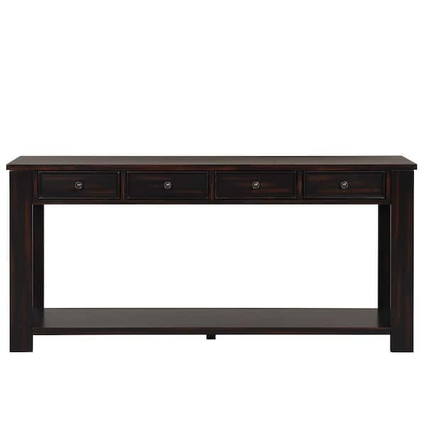 ANBAZAR Traditional 63 in. Espresso Standard Rectangle Wood Console Table With 4-Drawers and Bottom Shelf