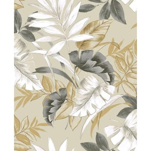 Tropical Leaves Grey and White and Beige Vinyl Peel and Stick Wallpaper Roll (Cover 30.75 sq. ft.)