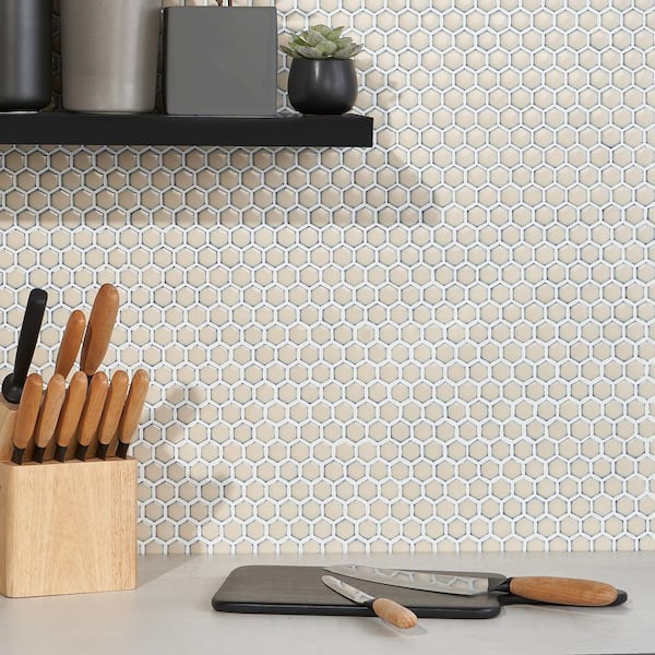 Bliss Edged Hexagon Custard 10.03 in. x 11.61 in. Polished Porcelain Floor and Wall Mosaic Tile (0.80 Sq. Ft./Each)
