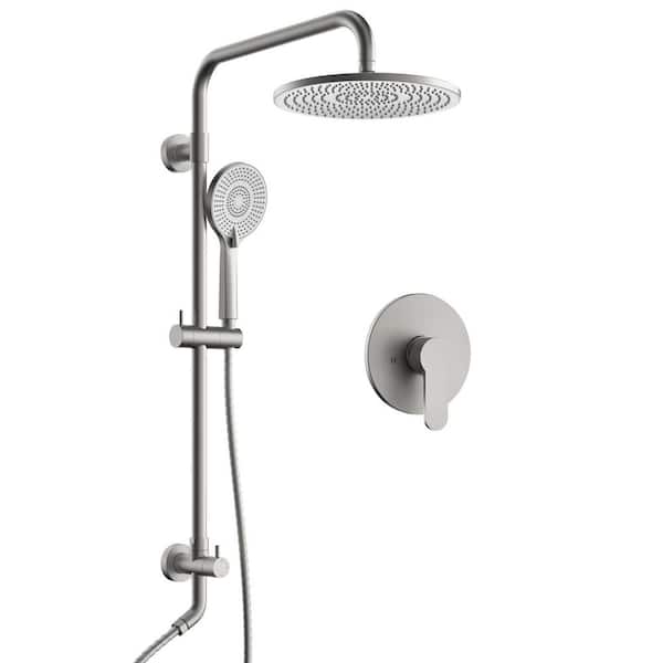 3-Spray 10 in. Wall Mount Exposed Dual Fixed and Handheld Shower Head 2.5 GPM with Adjustable Height in Brushed Nickel