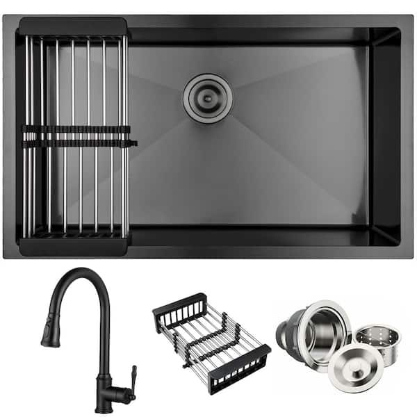 All-in-One 32 in. x 19 in. Undermount Single Bowl Gunmetal Black Stainless Steel Kitchen Sink with Pull-down Faucet