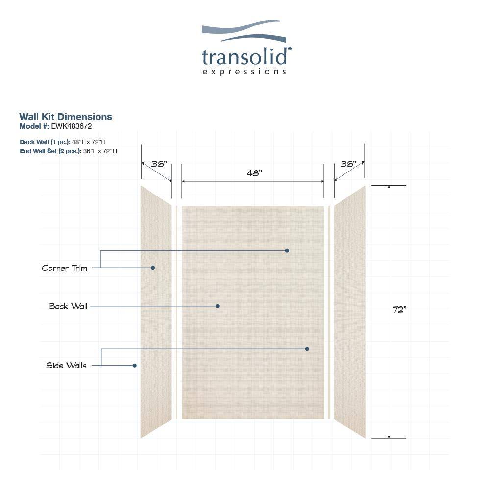 Cameo Beige Composite 3-Panel Shower Wall Kit, 36" x 48" x 72"