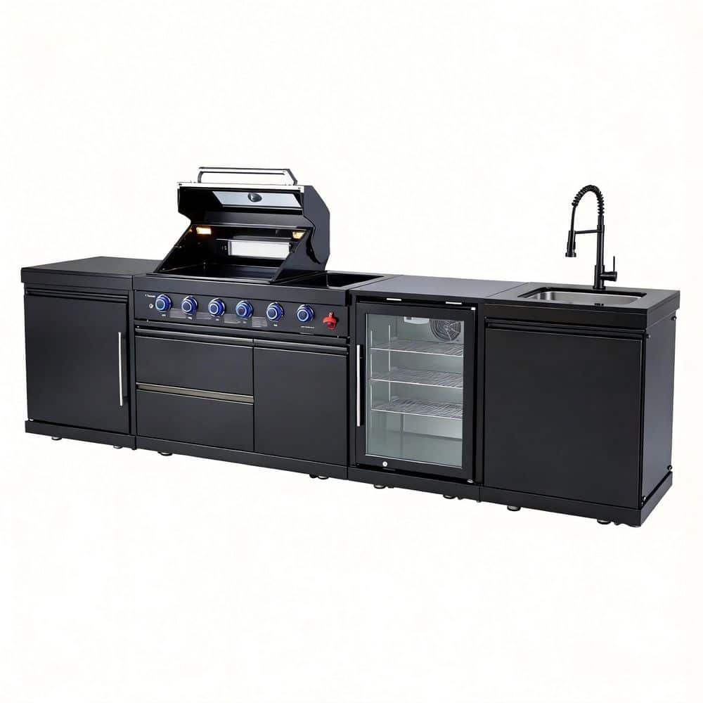 4-Burner Propane Outdoor Kitchen Grill Island with Wine Cooler, Sink, Rotisserie and Granite Top in Stainless Steel
