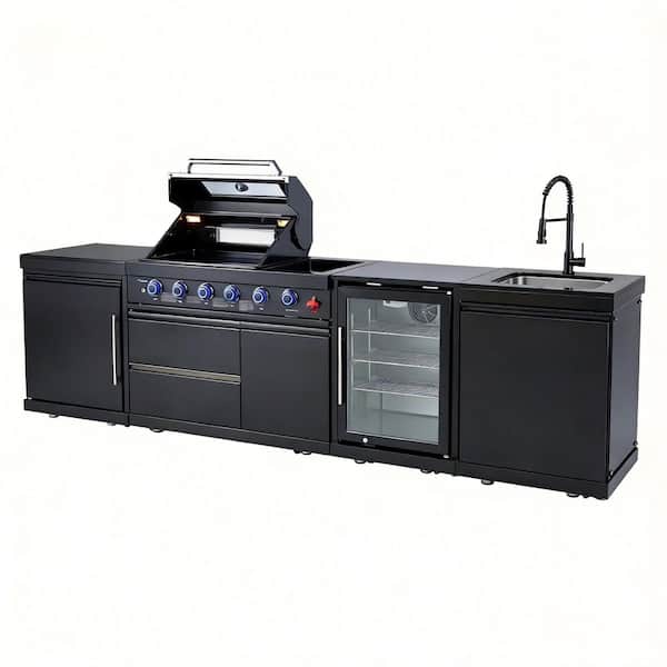 4-Burner Propane Outdoor Kitchen Grill Island with Wine Cooler, Sink, Rotisserie and Granite Top in Stainless Steel