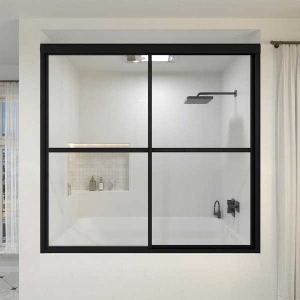 Yooli 59 in. W x 56 in. H Framed Sliding Tub Door in Matte Black with Clear Tempered Glass