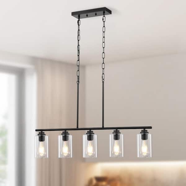 5-Light Kitchen Island Pendant Lights 60-Watt Adjustable Dining Room Light E26（Black）