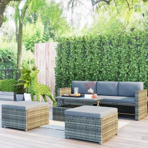 4-Piece Wicker Patio Conversation Sectional Seating Set with Gray Cushions, Retractable Table, All-Weather, Backyard