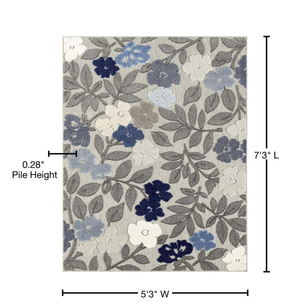 Blue and Gray Floral Synthetic 5' x 7' Reversible Rug